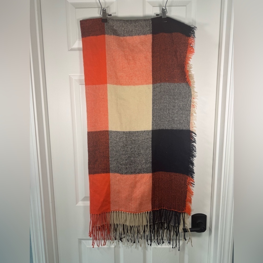 Madewell Checkered Plaid Fringe Blanket Scarf Large Orange Navy Tan